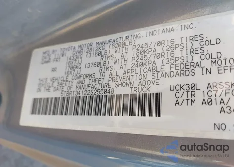 2002 Toyota Tundra Sr5 V8 from USA, damaged, VIN 5TBRT34122S255048